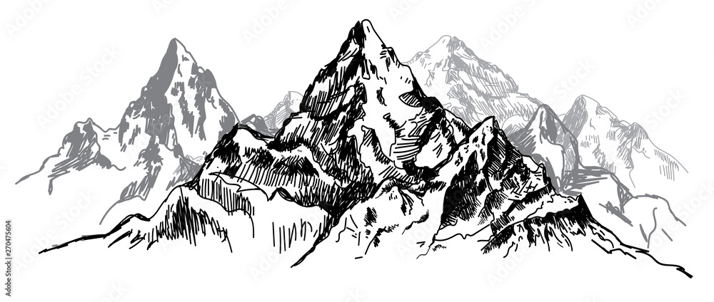 I love the mountains. Vector freehand drawing . Stocking up for a card , poster
