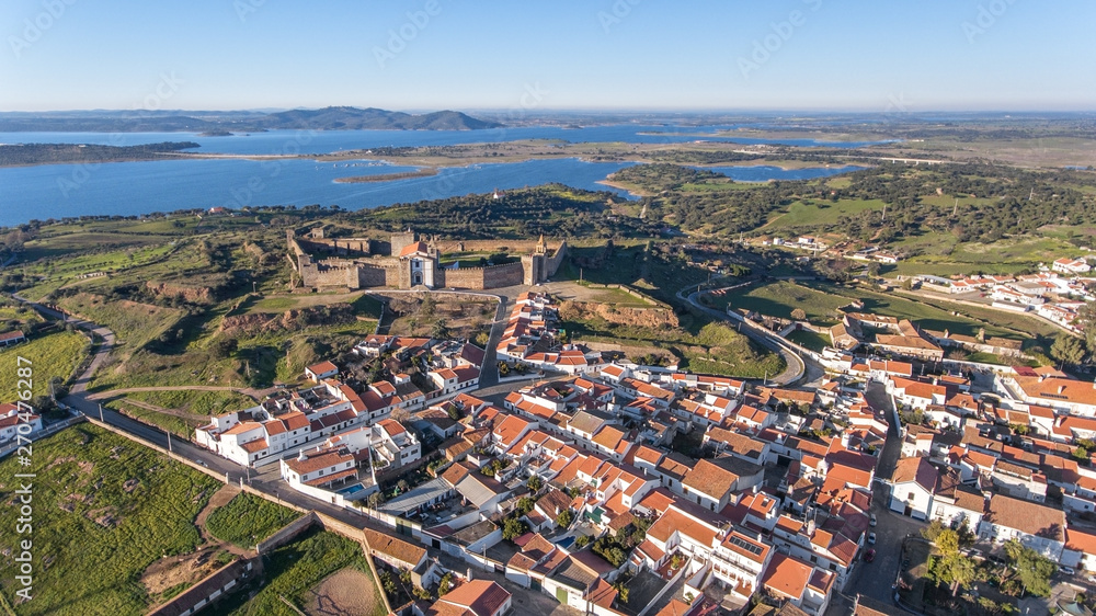 Aerial. View from above village and castle Mourao, district Evora. Portugal.