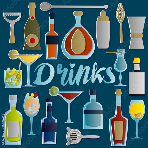 Set of alcoholic cocktails and drinks in paper cut style. Isolated objects on blue background