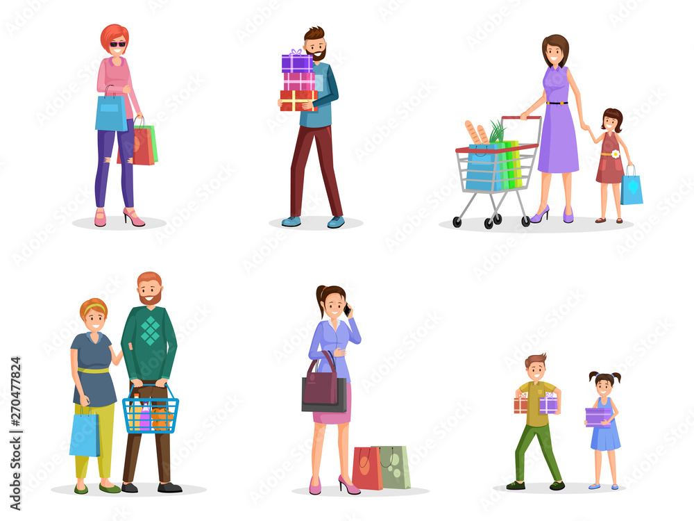 Happy shoppers flat vector characters set