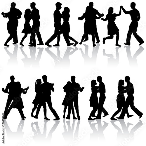 Black set silhouettes dancing man and woman on white background