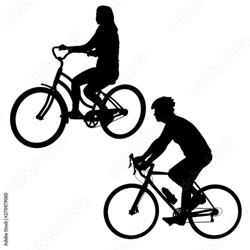 Set silhouette of a cyclist male and female on white background