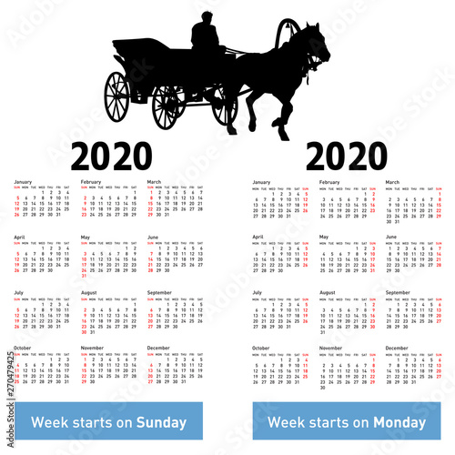 Calendar for 2020 of horse silhouettes isolated on white background