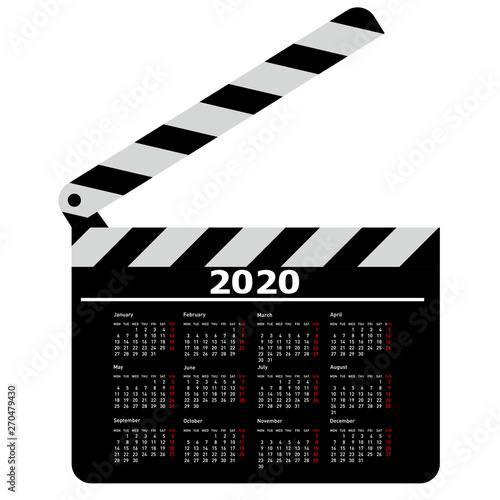 Calendar for 2020, movie clapper board on a white background