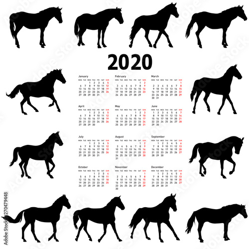 Calendar for 2020 of horse silhouettes isolated on white background