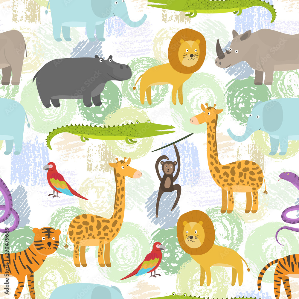 Obraz premium Childish seamless pattern with cute cartoon jungle animals on grunge shapes background. Funny hand drawn texture with zebra, lion, giraffe for kids design, wallpaper, textile, wrapping paper