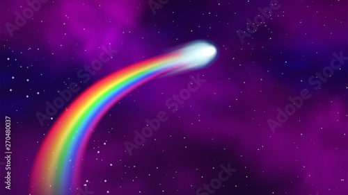 Comet with rainbow tail on outer space. Vector illustration.