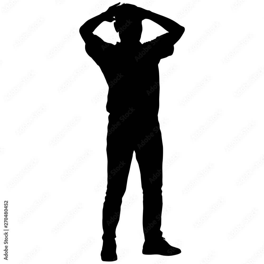 Black silhouettes man with arm raised on a white background