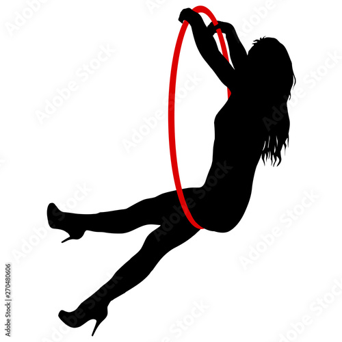 Silhouette woman doing some acrobatic elements aerial hoop on a white background