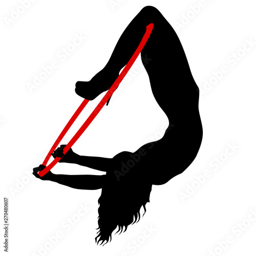 Silhouette woman doing some acrobatic elements aerial hoop on a white background