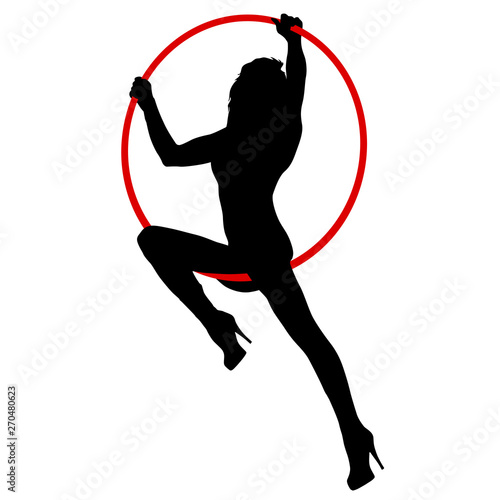 Silhouette woman doing some acrobatic elements aerial hoop on a white background