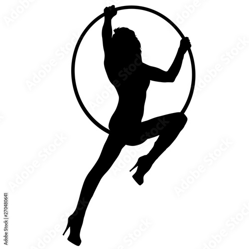 Silhouette woman doing some acrobatic elements aerial hoop on a white background