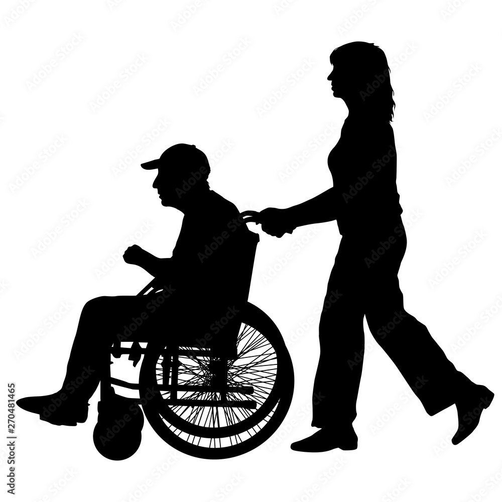 Silhouettes disabled in a wheel chair on a white background