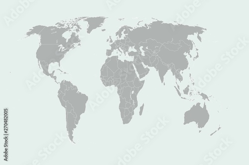 World map vector  isolated on white background. Flat Earth  gray map template for web site pattern  anual report  inphographics. Globe similar worldmap icon. Travel worldwide  map silhouette backdrop.