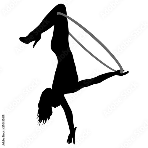 Silhouette woman doing some acrobatic elements aerial hoop on a white background