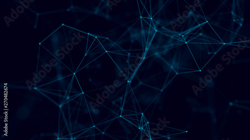 Abstract background with connecting dots and lines. Distribution of triangular shapes in space. Big data. Network connection structure. 3D rendering