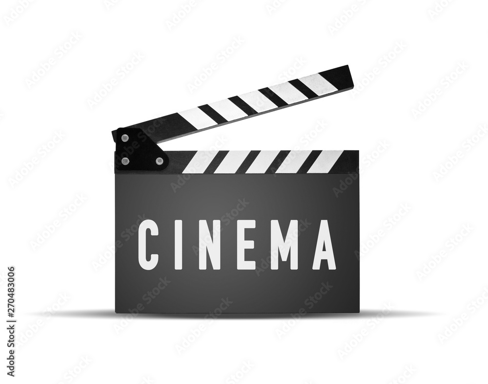 Movie slapstick on white background, Cinema inscription on flapper