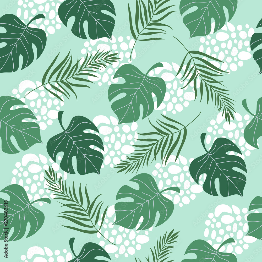 Fototapeta premium Hand drawn seamless pattern with tropical leaves on blue background. Vector flat illustration