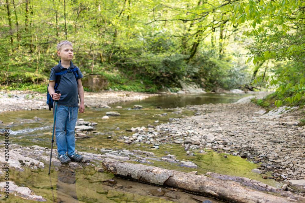 Boy traveler crosses the creek on a log Boy traveler crosses the creek on a log