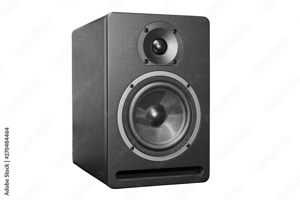Black box acoustic system with speaker isolated on whitee. Black box acoustic system with speaker isolated on whitee.