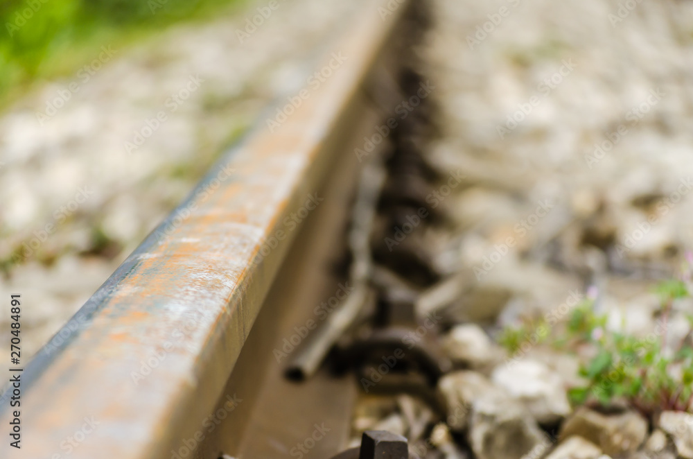 Close-up of train tracks with the forest Close-up of train tracks with the forest