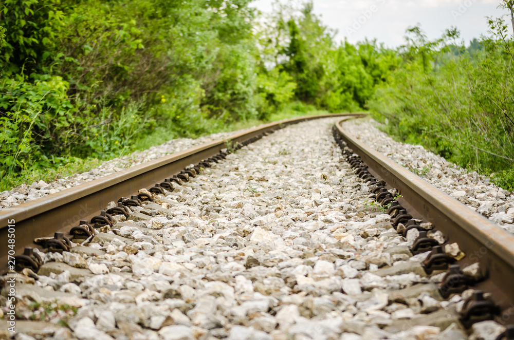 Fototapeta premium Close-up of train tracks with the forest