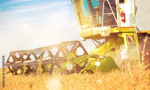 Fotografie Combine machine with cab harvesting oats on farm field