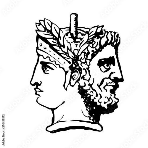 Two-faced Janus. Woman and man heads in profile, connected by the nape. Stylization of the ancient Roman style. Graphical design. Vector illustration.