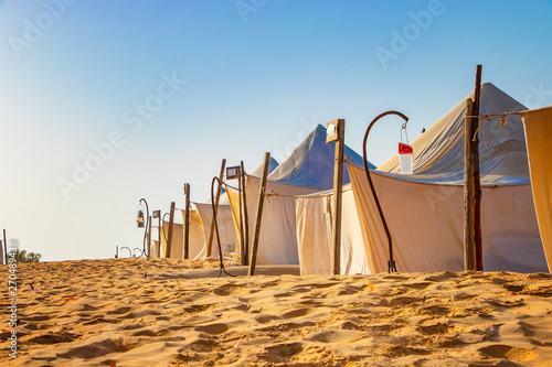 White tents in the camp of the desert Lompoul, Senegal, Africa.