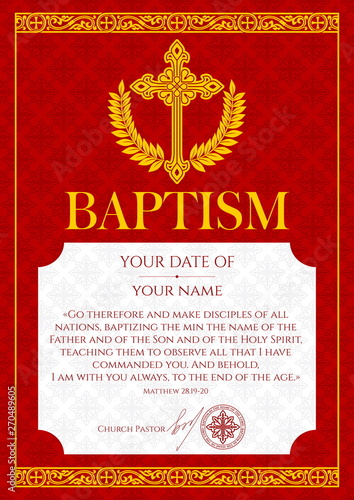 Postcard Christian baptism. Invitation, congratulation, certificate.