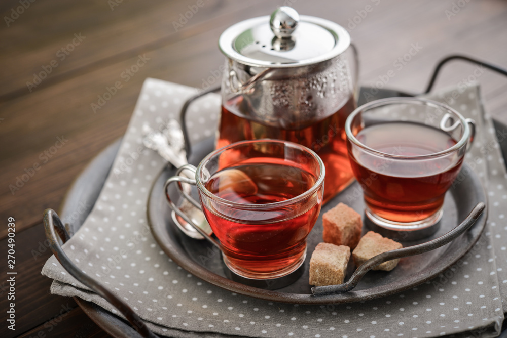 Εκτύπωση καμβά Two glass cup of tea with teapot
