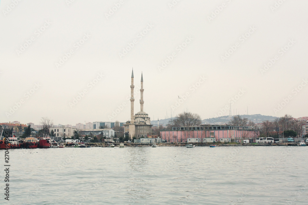 Mosque and port constructions in Kadıköy shore, Istanbul, Turkey. 