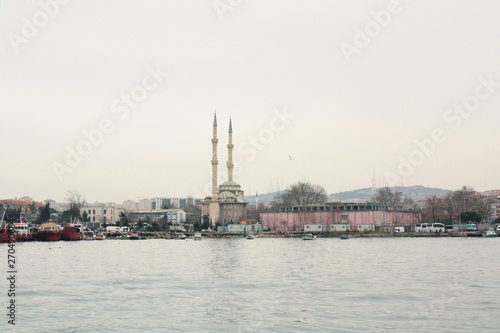 Mosque and port constructions in Kadıköy shore, Istanbul, Turkey. 
