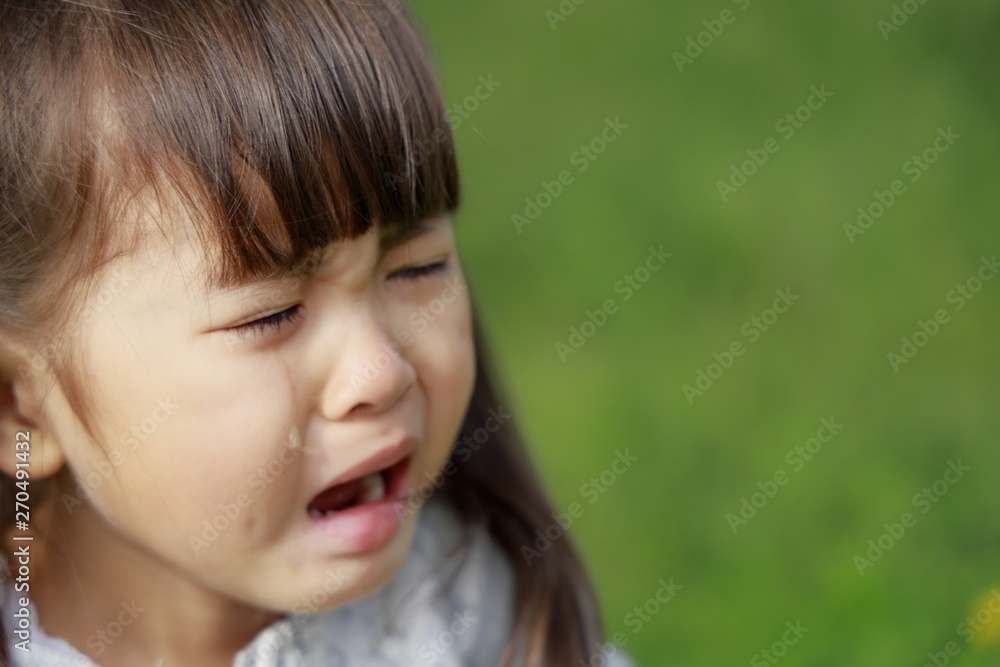 芝生の上で泣く幼児(4歳児)