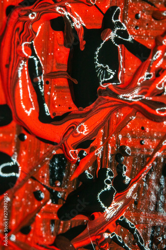 Red and Black Thick Paint Lines and Abstract Splatters on Canvas