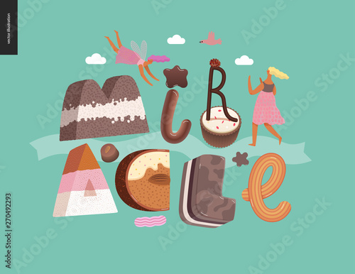 Dessert lettering - Miracle - modern flat vector concept digital illustration of temptation font, sweet lettering and girls. Caramel, toffee, biscuit, waffle, cookie, cream and chocolate letters