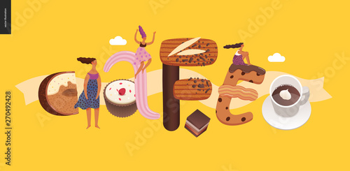 Dessert lettering - Cafe - modern flat vector concept digital illustration of temptation font, sweet lettering and girls. Caramel, toffee, biscuit, waffle, cookie, cream and chocolate letters