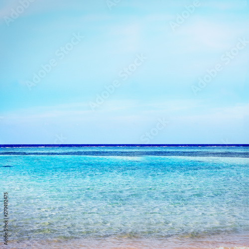 Fototapeta Naklejka Na Ścianę i Meble -  Beach on crystal with azure ocean and blue sky horizon background.