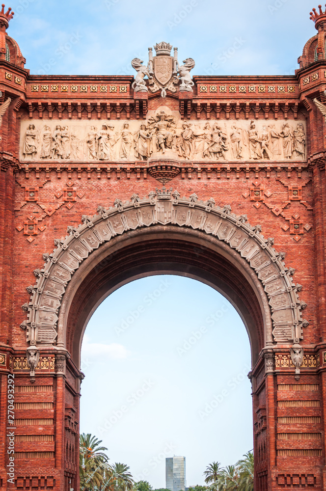 Architectural close-up on the center of the red brick Arch of Barcelona
