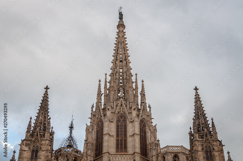 Close-up of the monumental high of Santa Creu Cathedral in Barcelona