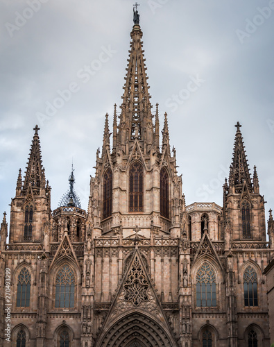 Monumental facade of Santa Creu Cathedral in Barcelona
