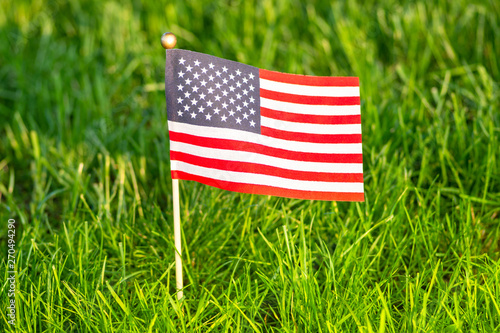 Flag of the United States. Green grass background. Celebration concept, Memorial Day, 4th of July , USA Independence Day. photo