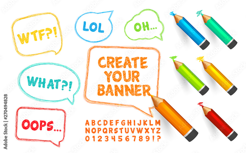 Speech bubbles, pencils and doodles font. Set of scribble banners, crayons and alphabet with numbers for create vector template. Hand drawn sketch