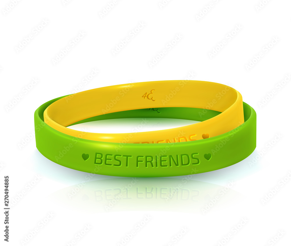 Rubber bracelets for best friends: yellow and green. Friendship Day  background, happy holiday of amity. Two silicone wristbands on white  background Stock Vector | Adobe Stock