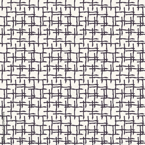 Seamless vector pattern. Hand linocut criss cross grid. Repeating geo tile background. Monochrome surface design textile swatch, modern geo black white wallpaper. Overlay woven cloth all over print