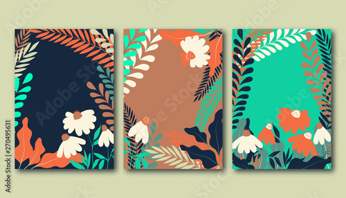 Set of summer posters with flat chamomile flowers, grassland plants and leaves and space for text.