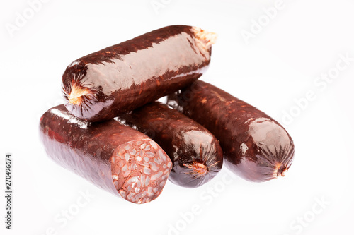 Delicious blood sausages isolated on a white background. Text space