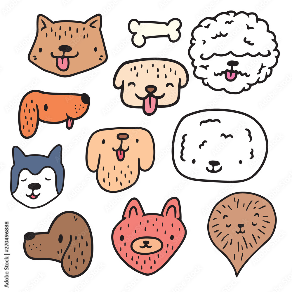 A vector set of cute hand drawn dog faces. Perfect for t-shirt, greeting card, poster, stickers, invitation, icon.