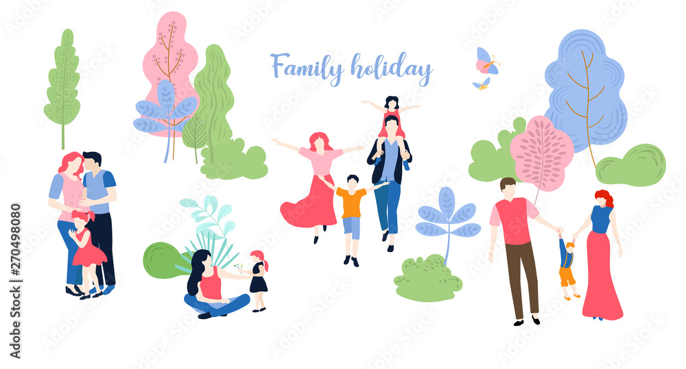 Naklejka premium Family holiday. People with kids spend weekend outdoors, walking in city park.