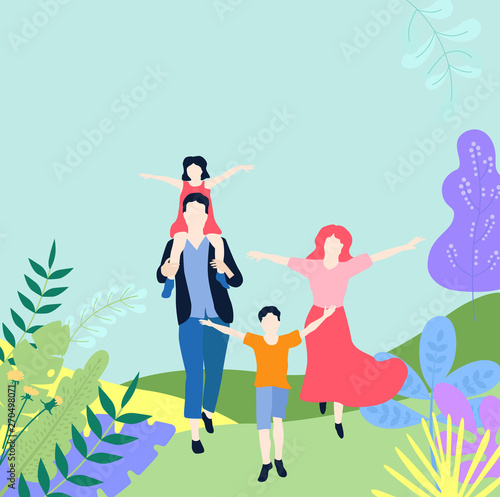 Summer holiday. Family with kids walking in city park or forest.